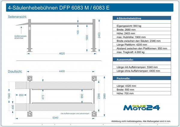 DFP 6083 E 4.0t 4-Säulen Hebebühne Hubhöhe Unterkante 1900mm